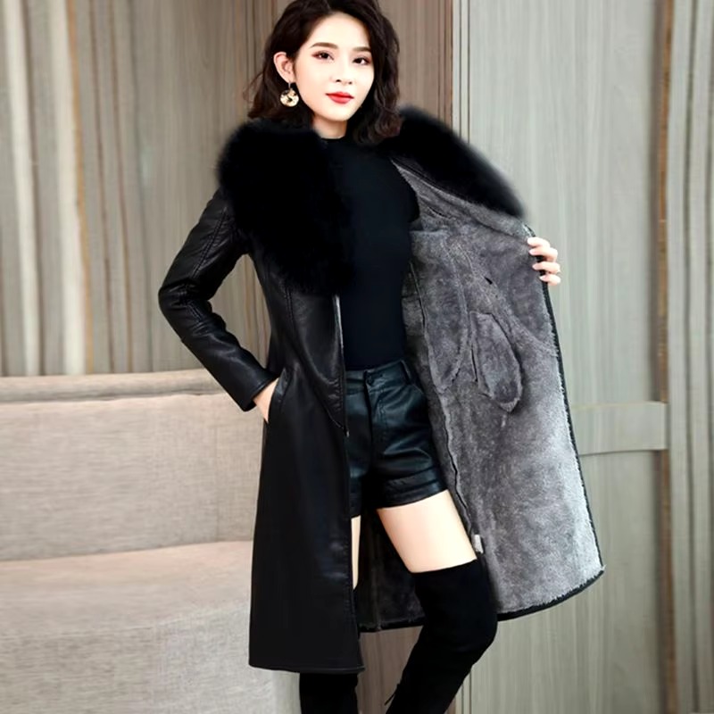 Casual Turn-down Collar Faux Fur Leather Adjustable Waist Long Loose Coats - Image 5