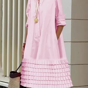 Casual Solid Turn-down Collar Long Sleeves Office Lady Midi Shirts Dresses