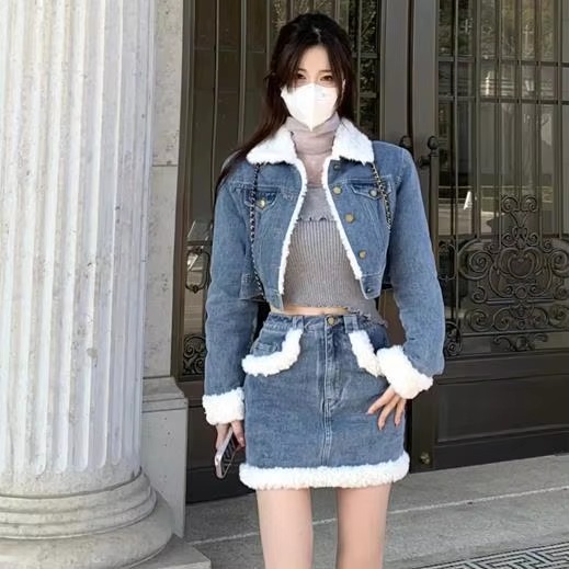 Casual Turn-down Collar Thick Warm Short Denim Jacket skirt 2 Pcs Set - Image 2