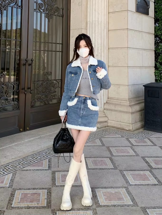 Casual Turn-down Collar Thick Warm Short Denim Jacket skirt 2 Pcs Set - Image 3