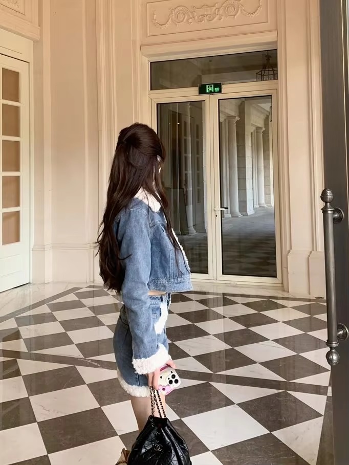Casual Turn-down Collar Thick Warm Short Denim Jacket skirt 2 Pcs Set - Image 8