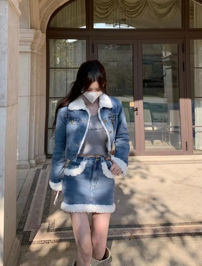 Casual Turn-down Collar Thick Warm Short Denim Jacket skirt 2 Pcs Set - Image 5