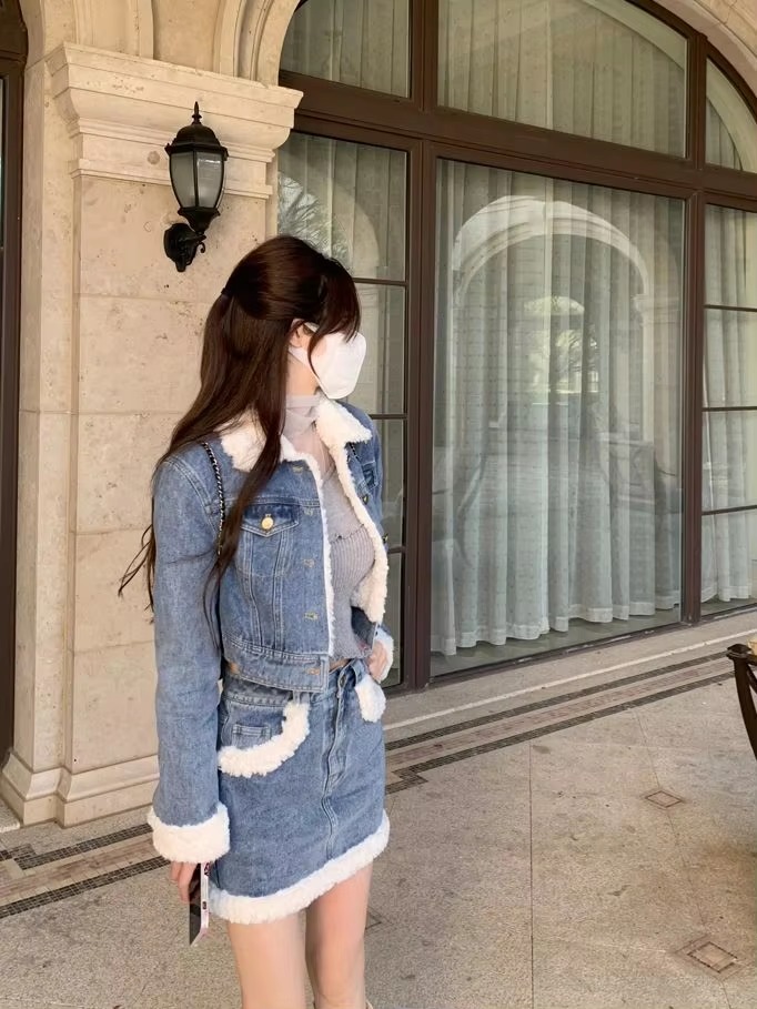 Casual Turn-down Collar Thick Warm Short Denim Jacket skirt 2 Pcs Set - Image 7