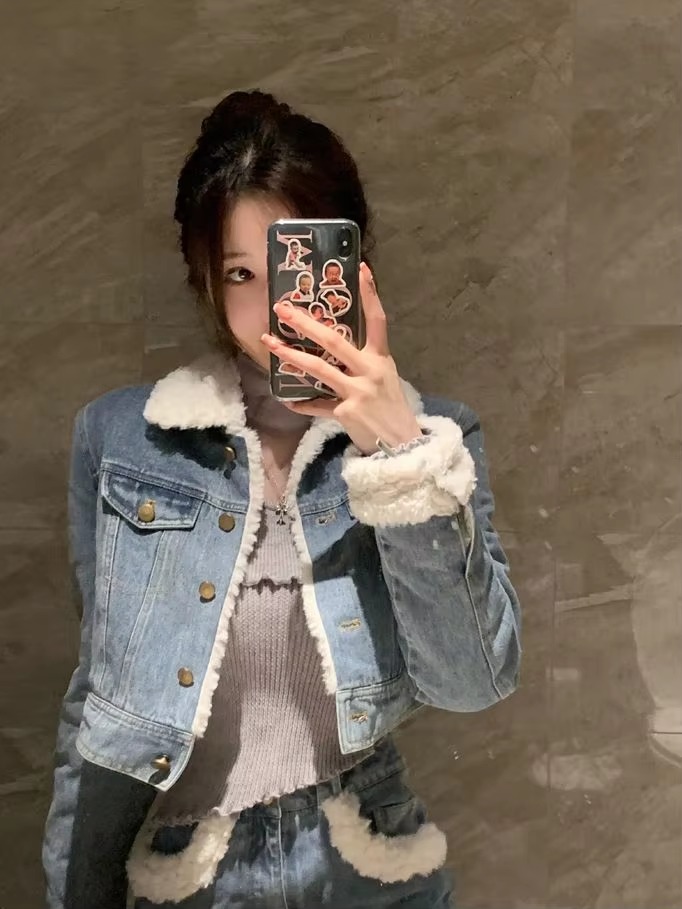 Casual Turn-down Collar Thick Warm Short Denim Jacket skirt 2 Pcs Set - Image 13