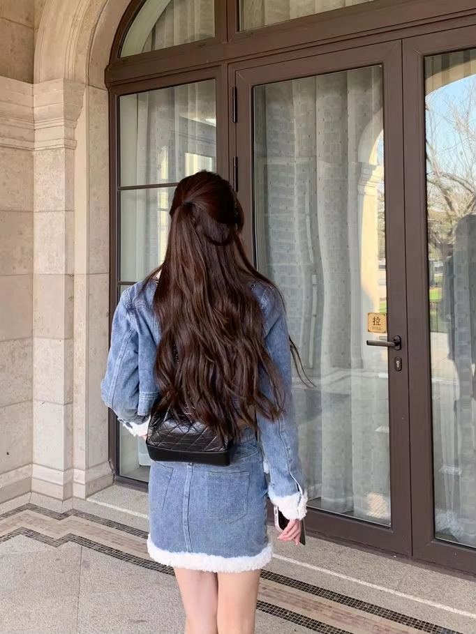 Casual Turn-down Collar Thick Warm Short Denim Jacket skirt 2 Pcs Set - Image 9