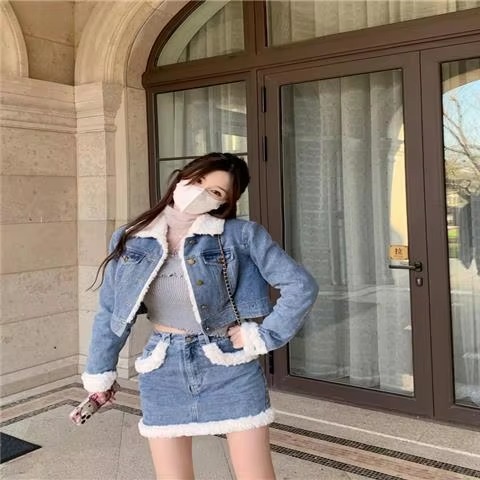 Casual Turn-down Collar Thick Warm Short Denim Jacket skirt 2 Pcs Set - Image 4