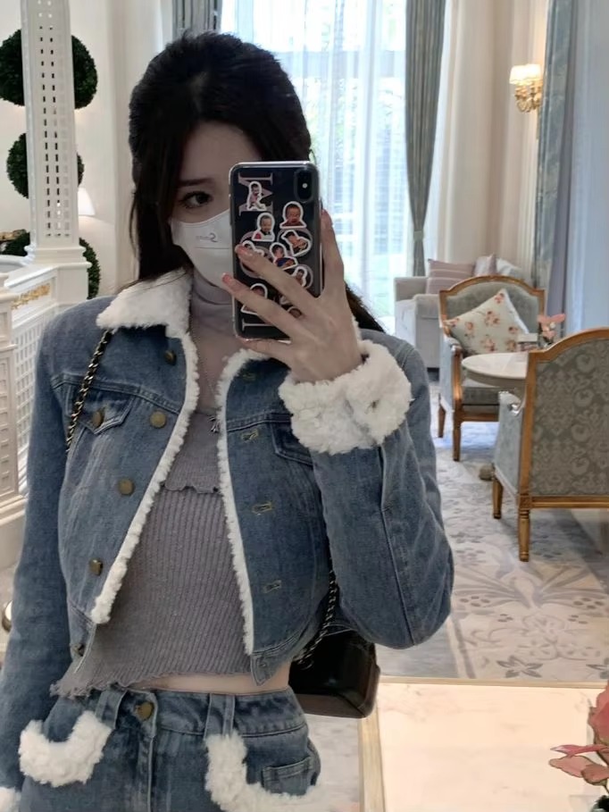 Casual Turn-down Collar Thick Warm Short Denim Jacket skirt 2 Pcs Set - Image 10