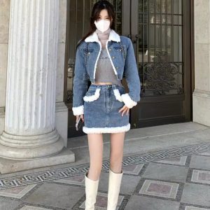 Casual Turn-down Collar Thick Warm Short Denim Jacket skirt 2 Pcs Set