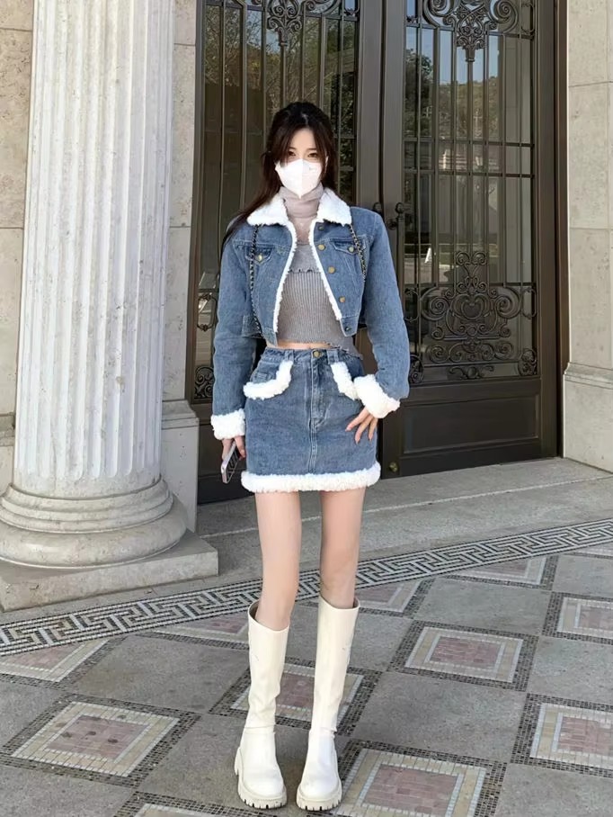 Casual Turn-down Collar Thick Warm Short Denim Jacket skirt 2 Pcs Set