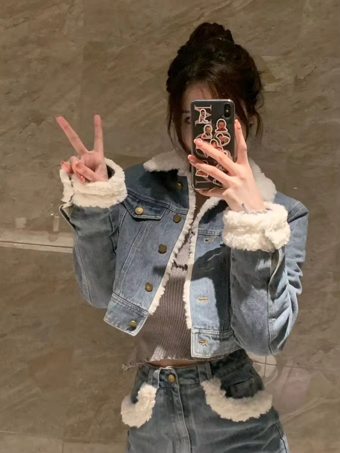 Casual Turn-down Collar Thick Warm Short Denim Jacket skirt 2 Pcs Set - Image 12