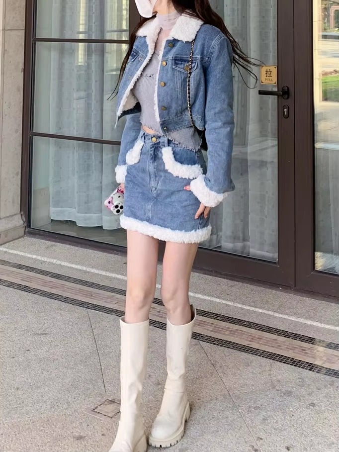 Casual Turn-down Collar Thick Warm Short Denim Jacket skirt 2 Pcs Set - Image 6
