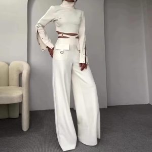 Casual Turtleneck Tops Wide Leg Long Pants Loose Two Piece Sets