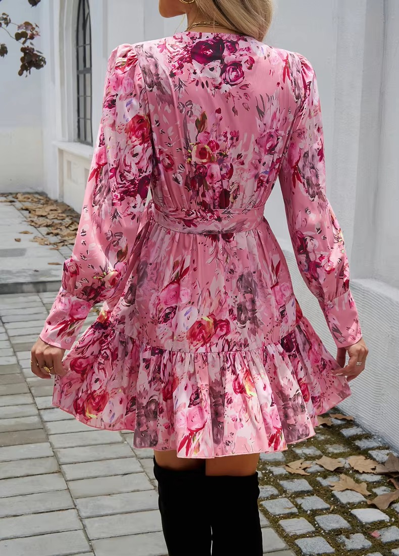 Vintage Ruffled V-neck Puff Sleeve Floral Print A-line Mini Dress - Image 3
