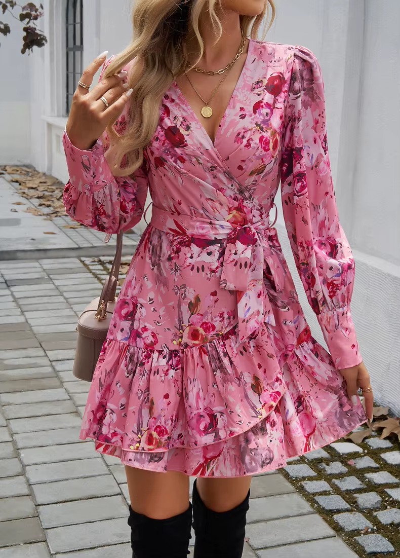 Vintage Ruffled V-neck Puff Sleeve Floral Print A-line Mini Dress