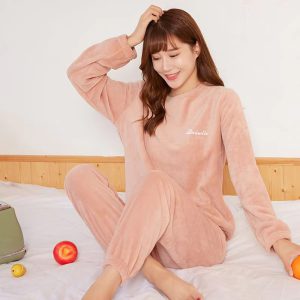 Casual Warm Coral Fleece Loose 2 Piece Pajamas Set