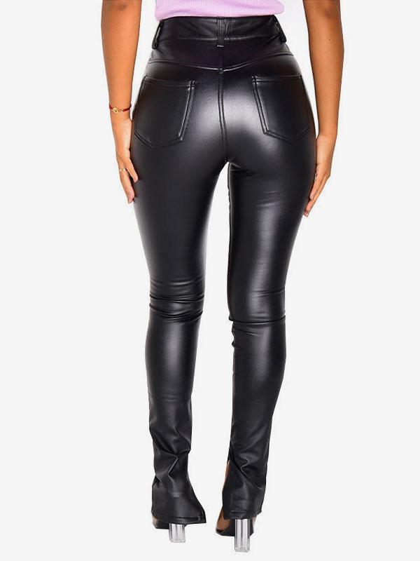 Casual Solid Color Zipper PU Leather Low-slit Raised Waist Trousers - Image 4
