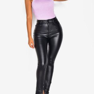 Casual Solid Color Zipper PU Leather Low-slit Raised Waist Trousers