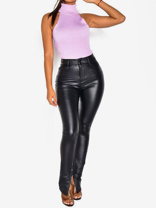 Casual Solid Color Zipper PU Leather Low-slit Raised Waist Trousers