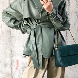 Casual sashes Turn-down Collar Streetwear Faux PU Leather Belt Jacket