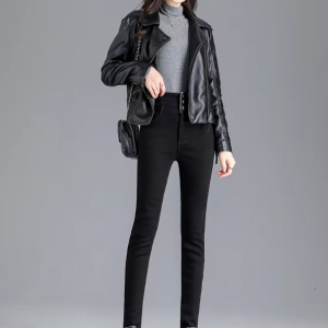 Casual zipper fly Fleece High-waist Warm Thick Stretch Button Pencil Pants