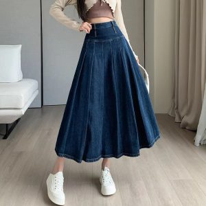 Chic Pleated High Waist Long Washing Straight Loose Denim Midi Skirts