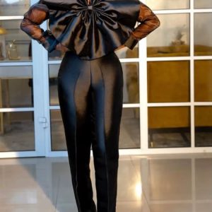 Chic Shiny Sheer Long Sleeve Big Bow Long Sleeve High Waist Trendy Jumpsuits