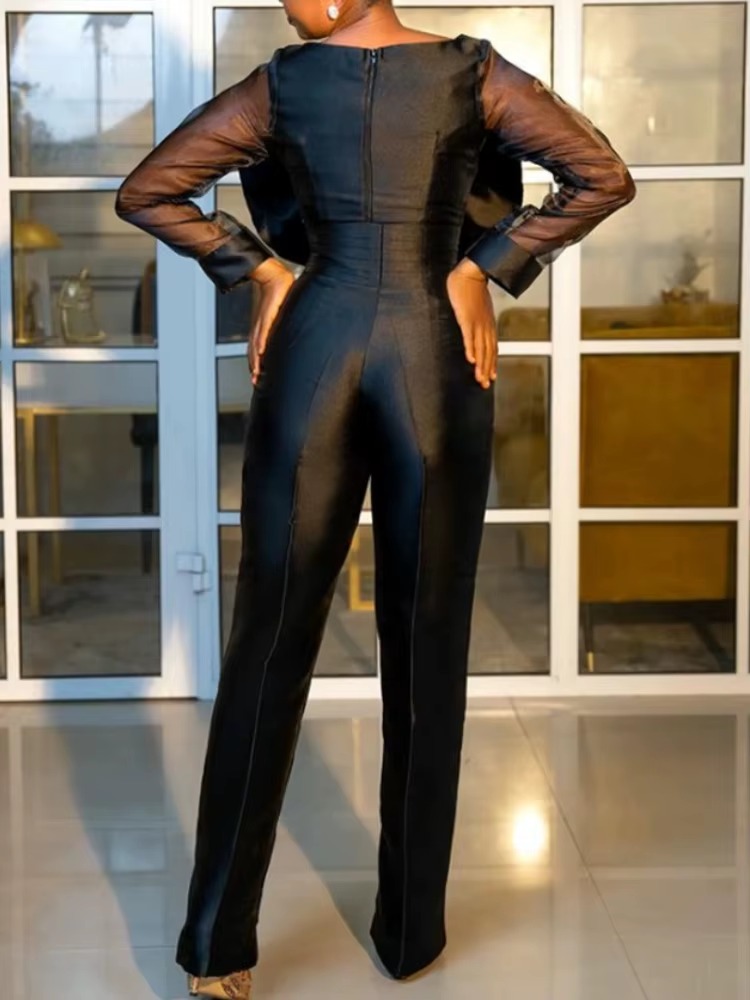 Chic Shiny Sheer Long Sleeve Big Bow Long Sleeve High Waist Trendy Jumpsuits - Image 2