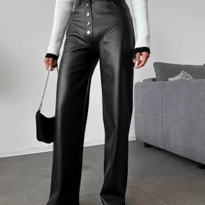 Chic Straight Buttons Fly PU Leather Street Wear Trousers Pants