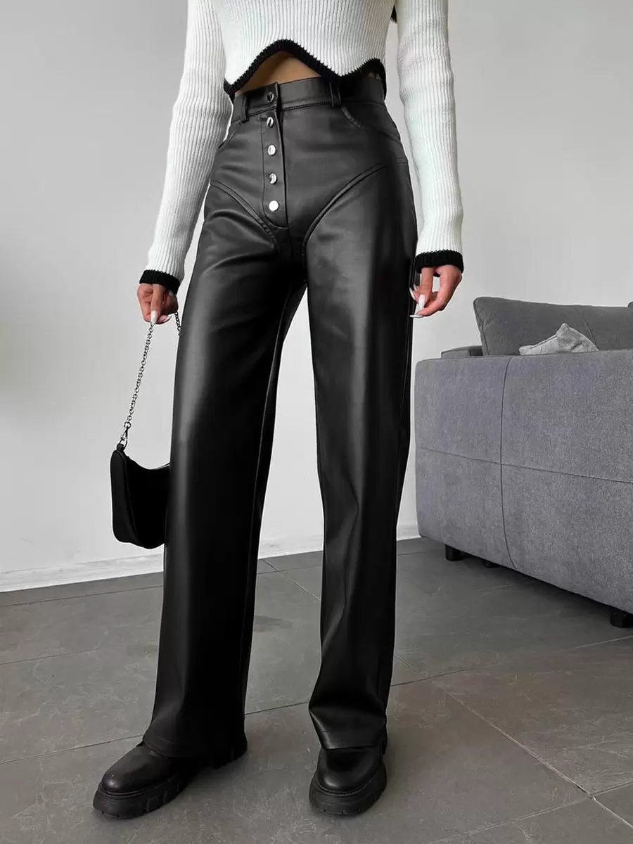 Chic Straight Buttons Fly PU Leather Street Wear Trousers Pants