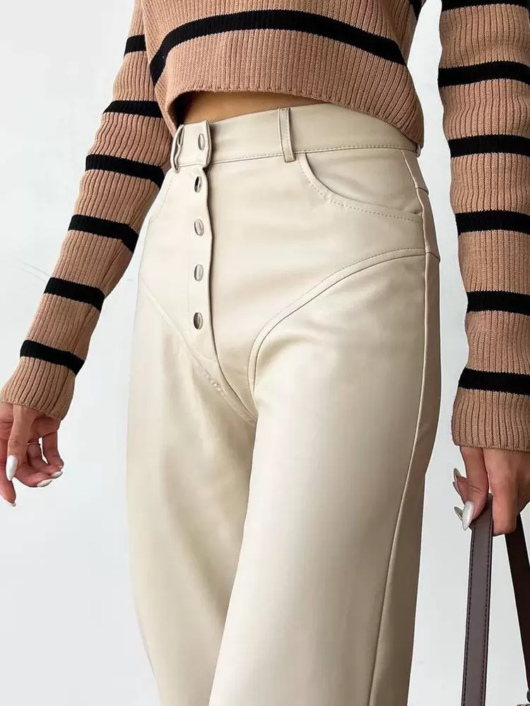 Chic Straight Buttons Fly PU Leather Street Wear Trousers Pants - Image 10