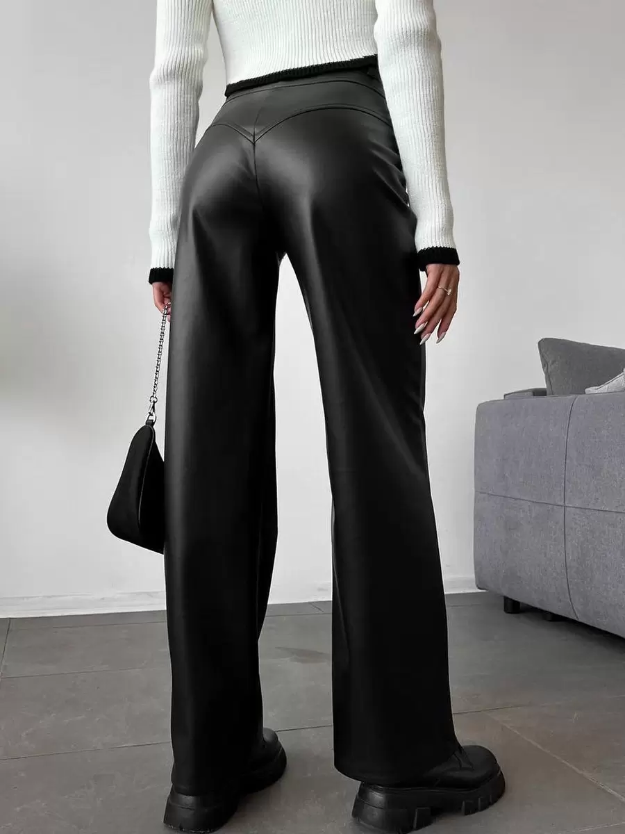 Chic Straight Buttons Fly PU Leather Street Wear Trousers Pants - Image 5