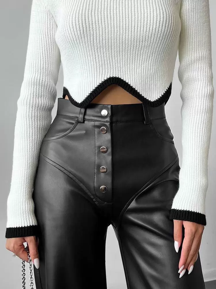 Chic Straight Buttons Fly PU Leather Street Wear Trousers Pants - Image 3