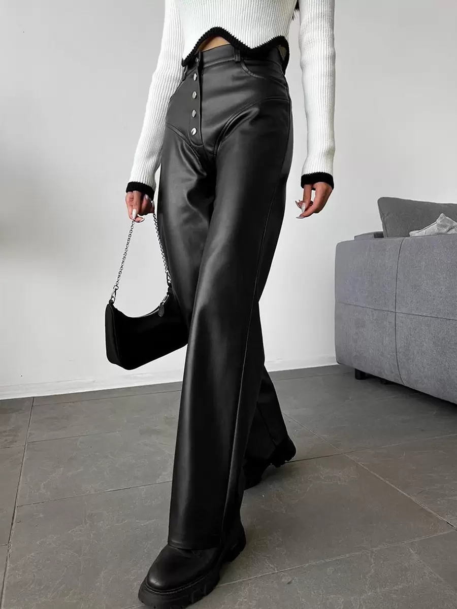 Chic Straight Buttons Fly PU Leather Street Wear Trousers Pants - Image 2