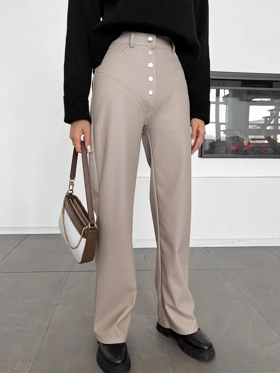 Chic Straight Buttons Fly PU Leather Street Wear Trousers Pants - Image 6