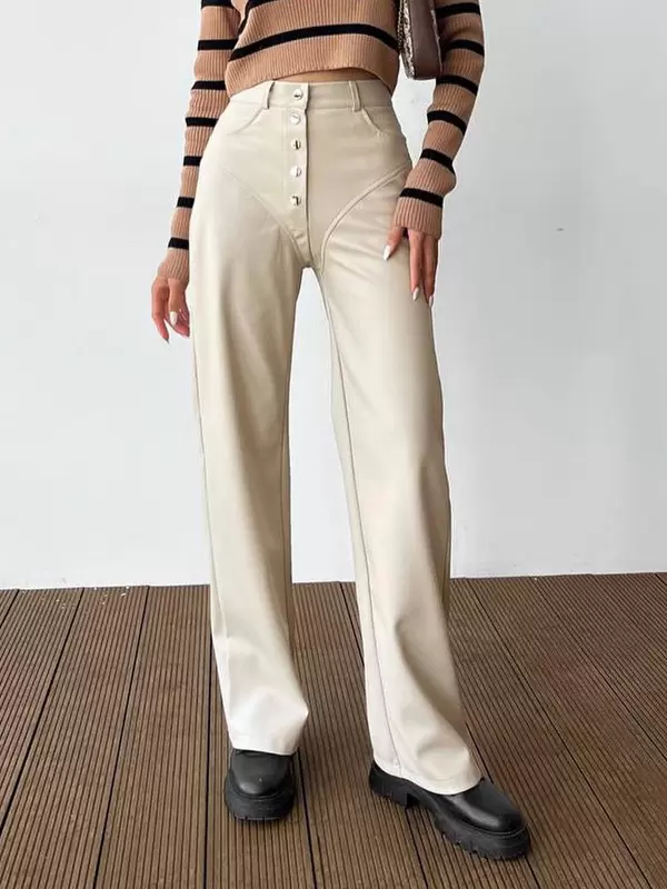 Chic Straight Buttons Fly PU Leather Street Wear Trousers Pants - Image 9
