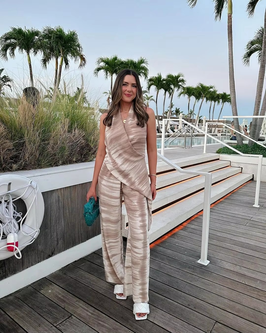 Chic Tie Dye Top Elastic Waist Wide Leg Pants 2 Pieces Sets