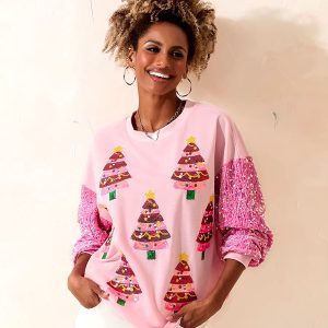 Christmas Glitter Sequined Patchwork Round Neck Loose Hoodie