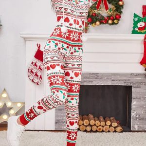 Christmas Long Sleeve Drawstring Heart Star Print Pajama Romper Jumpsuit