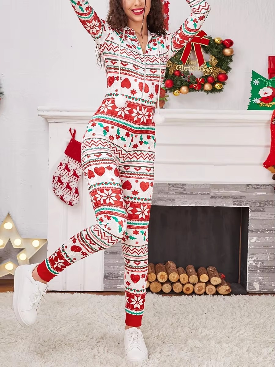Christmas Long Sleeve Drawstring Heart Star Print Pajama Romper Jumpsuit