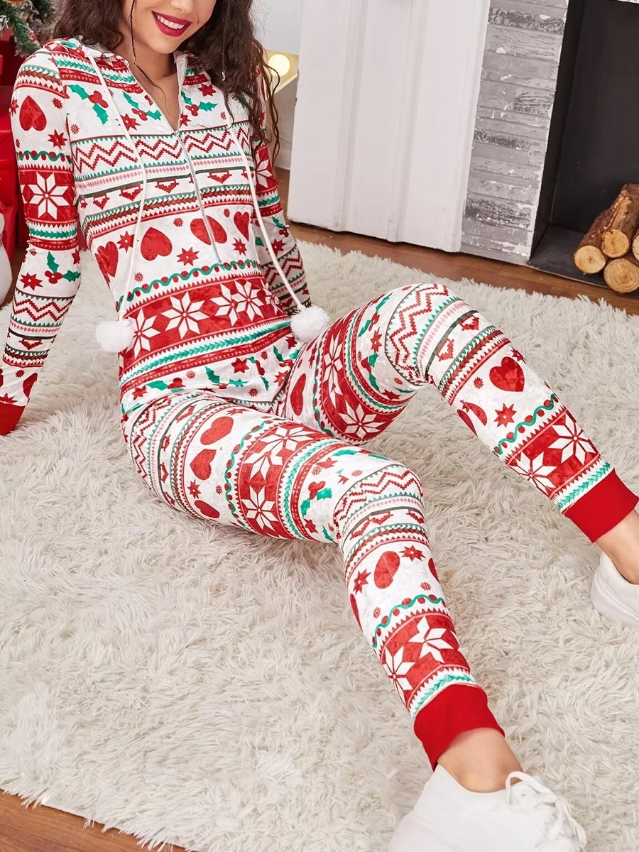 Christmas Long Sleeve Drawstring Heart Star Print Pajama Romper Jumpsuit - Image 2