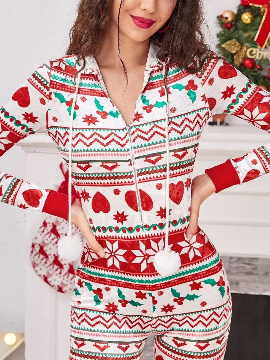 Christmas Long Sleeve Drawstring Heart Star Print Pajama Romper Jumpsuit - Image 3
