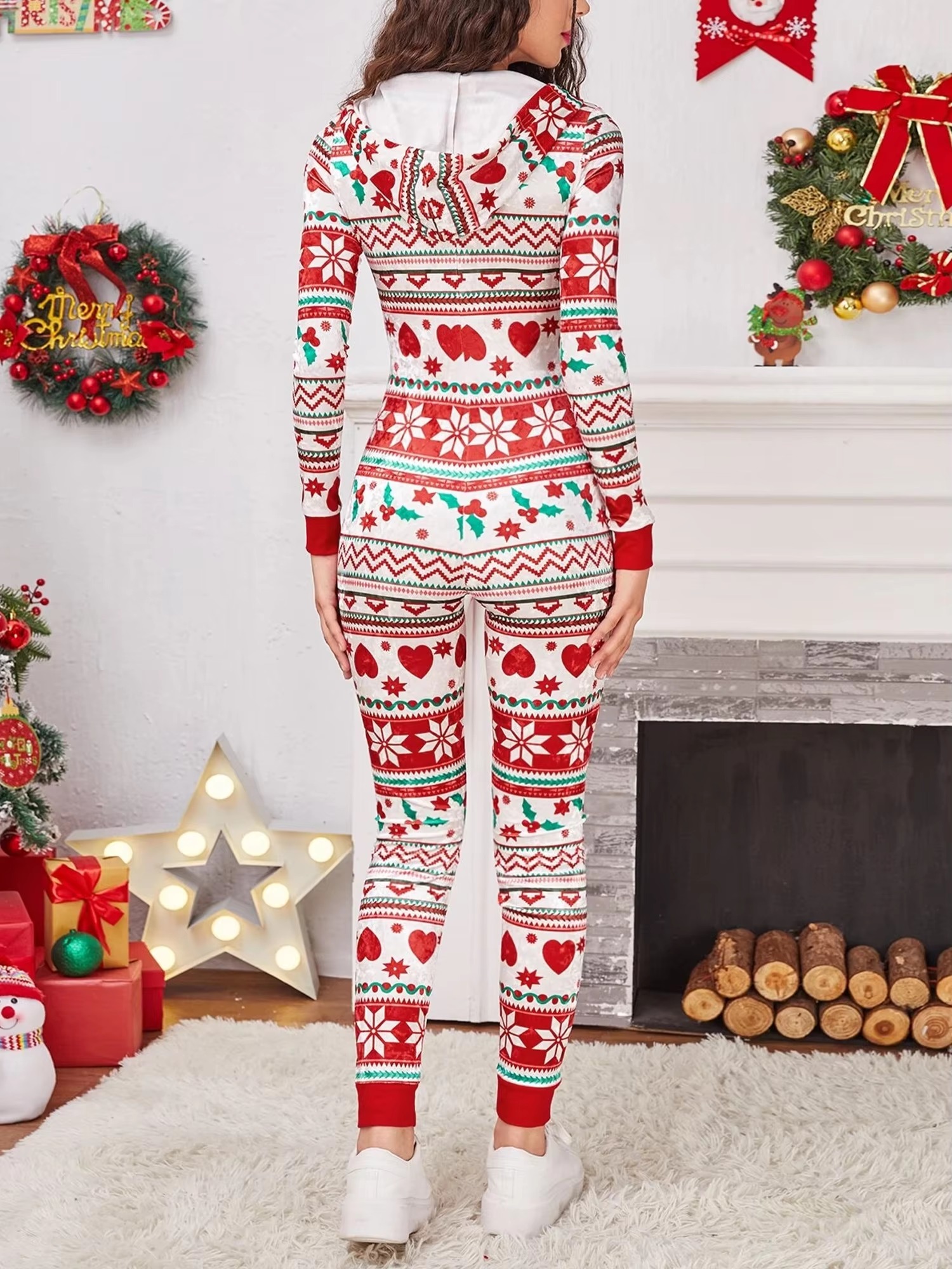 Christmas Long Sleeve Drawstring Heart Star Print Pajama Romper Jumpsuit - Image 5