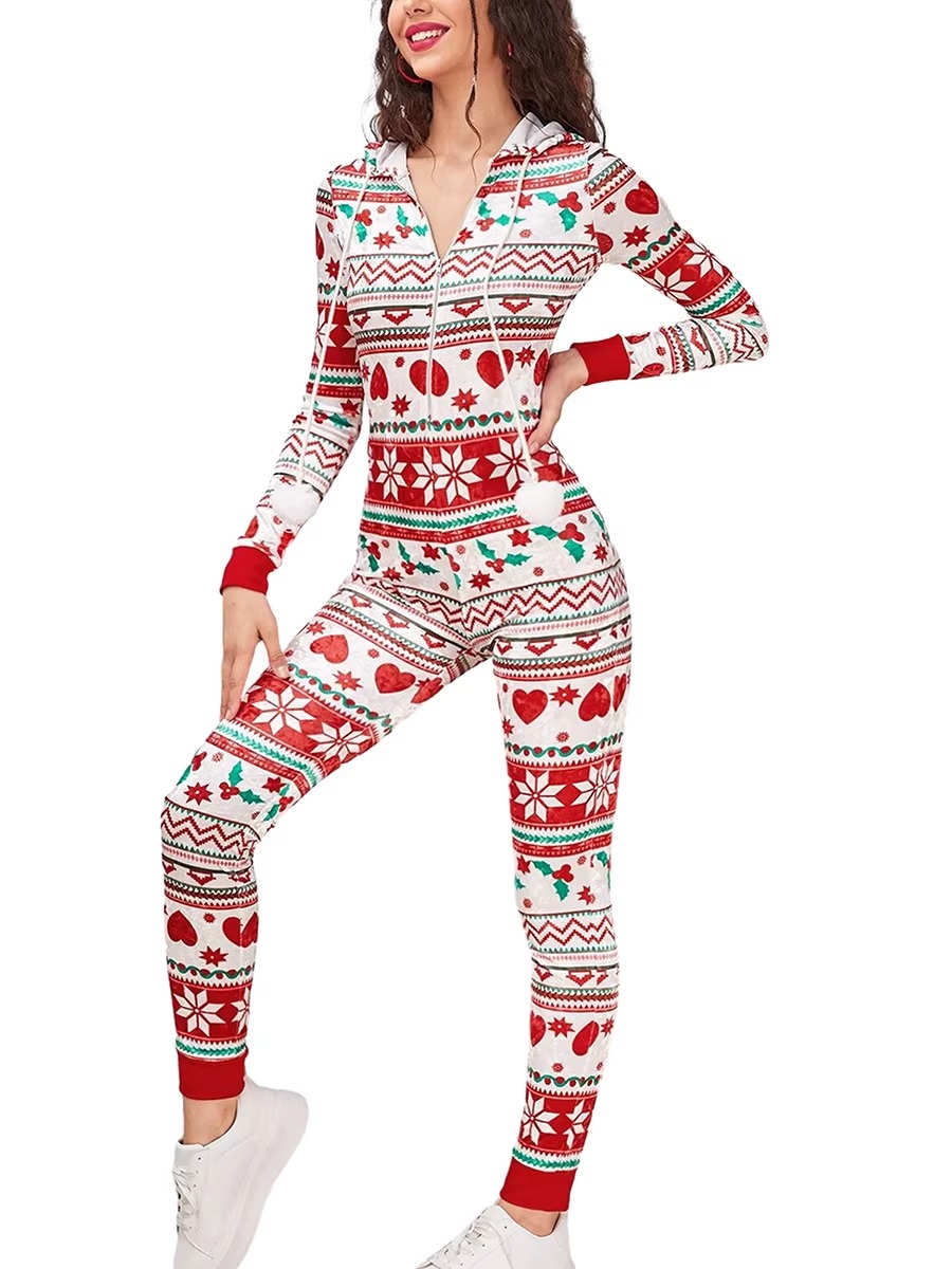 Christmas Long Sleeve Drawstring Heart Star Print Pajama Romper Jumpsuit - Image 4