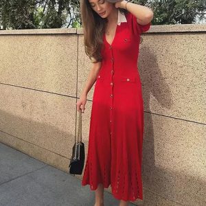 Cinched Hollowed Out V-Neck Bubble Sleeved Knitted Midi Dress