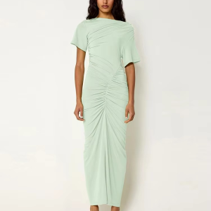 Classic Solid Slash Neck Shirring Short Sleeve Streetwear Bodycon Long Dress