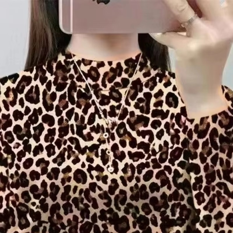 Classic Stand Neck Leopard Long Sleeve Crop Top - Image 2