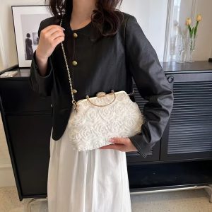 Crystal Bead Flowers Zipper Shell Clip Lock Clutch