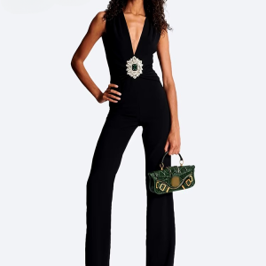 Crystal Embellish Design Deep V-Neck High Street Wear One Piece Jumpsuits
