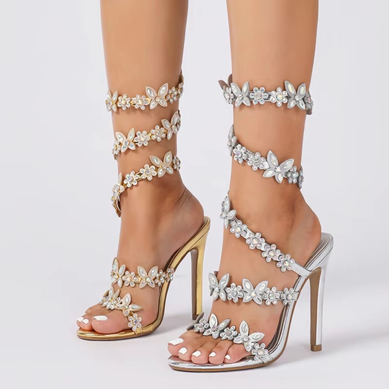 Designer Butterfly-knot Crystal Peep Toe Thin Heel Sandals - Image 4
