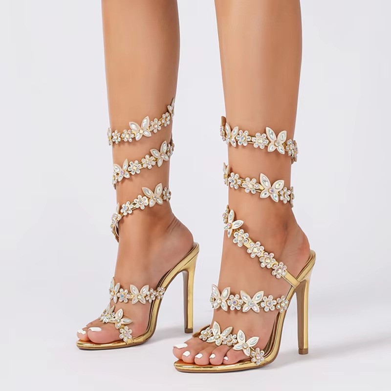 Designer Butterfly-knot Crystal Peep Toe Thin Heel Sandals